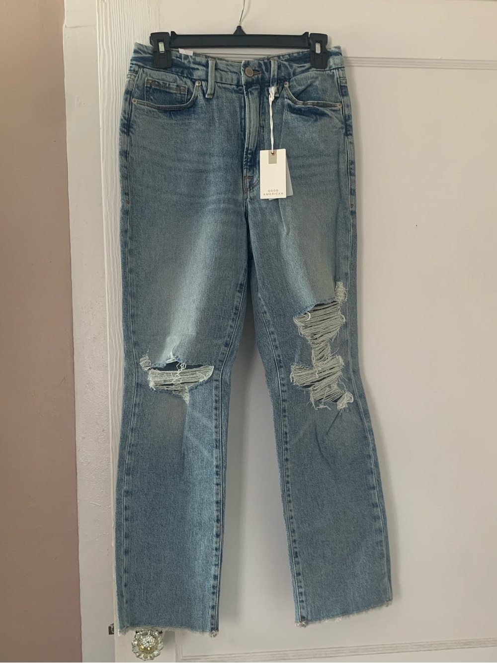 Good American Light Blue Distressed Straight-Leg Jeans